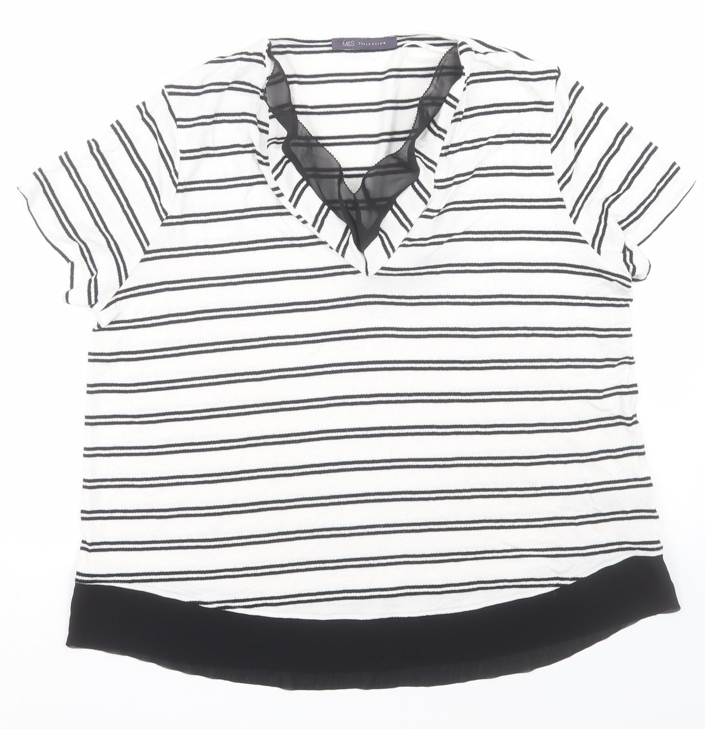 Marks and Spencer Womens White Striped Viscose Basic T-Shirt Size 14 V-Neck