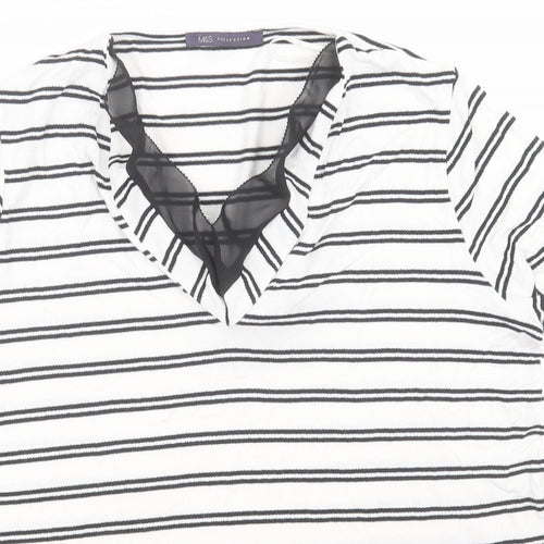 Marks and Spencer Womens White Striped Viscose Basic T-Shirt Size 14 V-Neck
