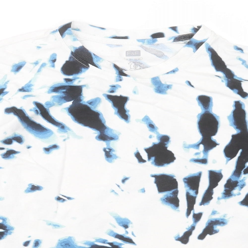 F&F Womens Blue Geometric Cotton Basic T-Shirt Size 10 Crew Neck