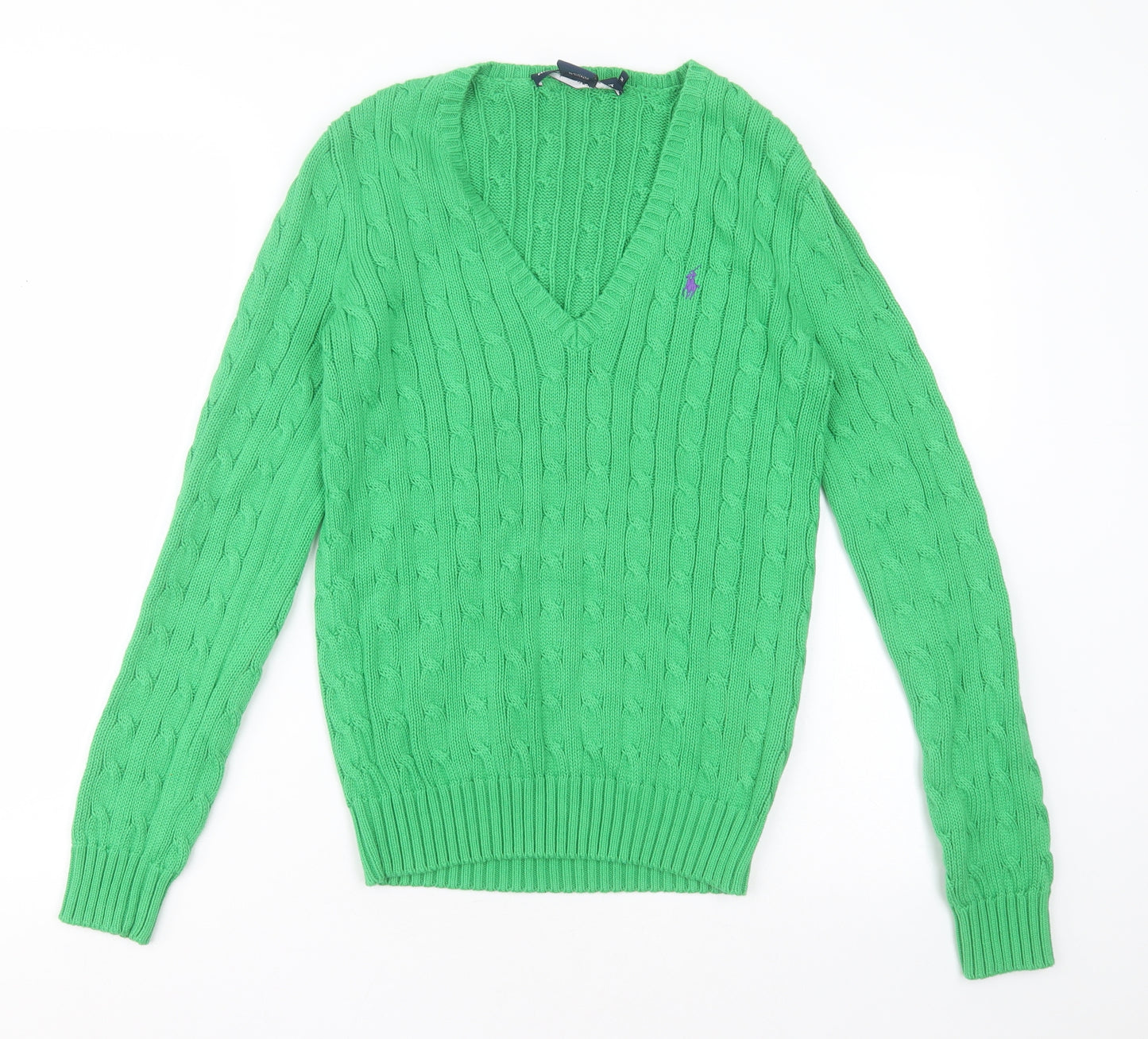 Ralph Lauren Womens Green V-Neck  Cotton Pullover Jumper Size M
