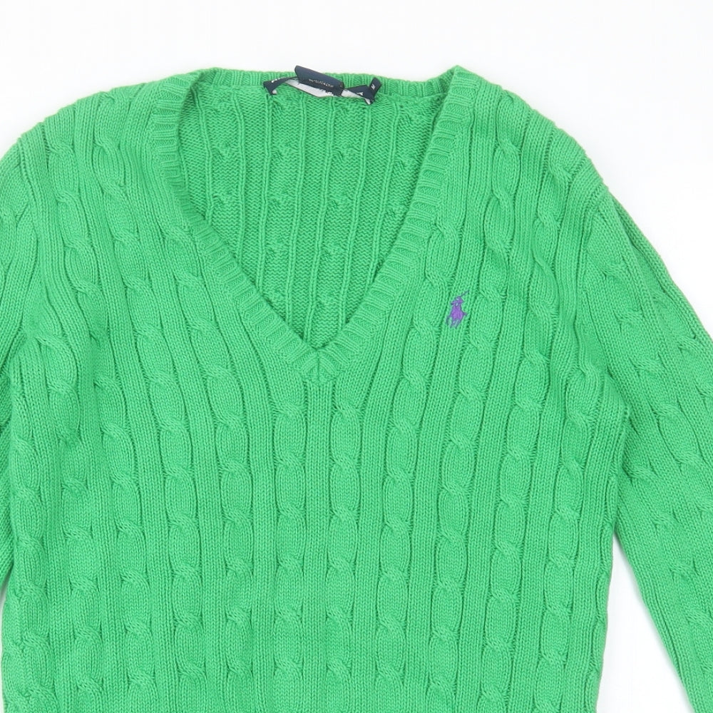 Ralph Lauren Womens Green V-Neck  Cotton Pullover Jumper Size M