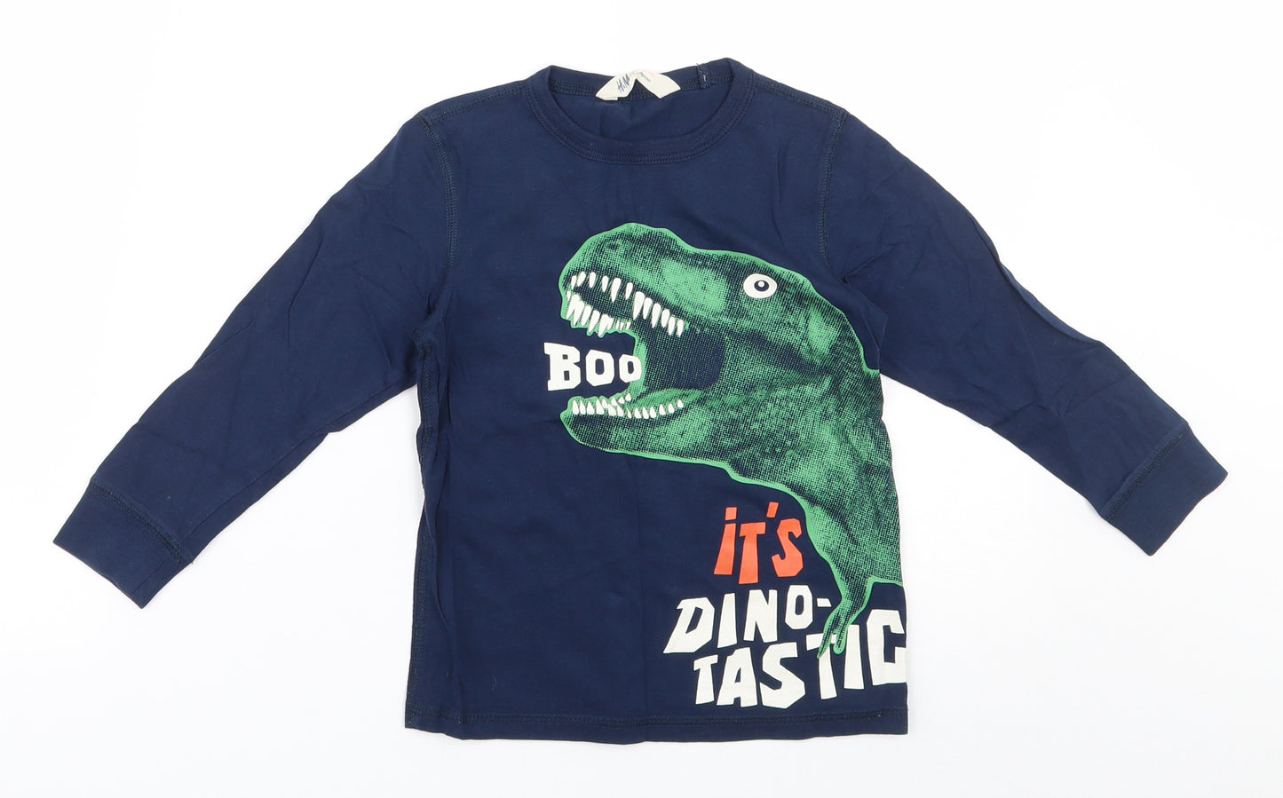 H&M Boys Blue  100% Cotton Pullover T-Shirt Size 3-4 Years Round Neck Pullover - Dinosaur print