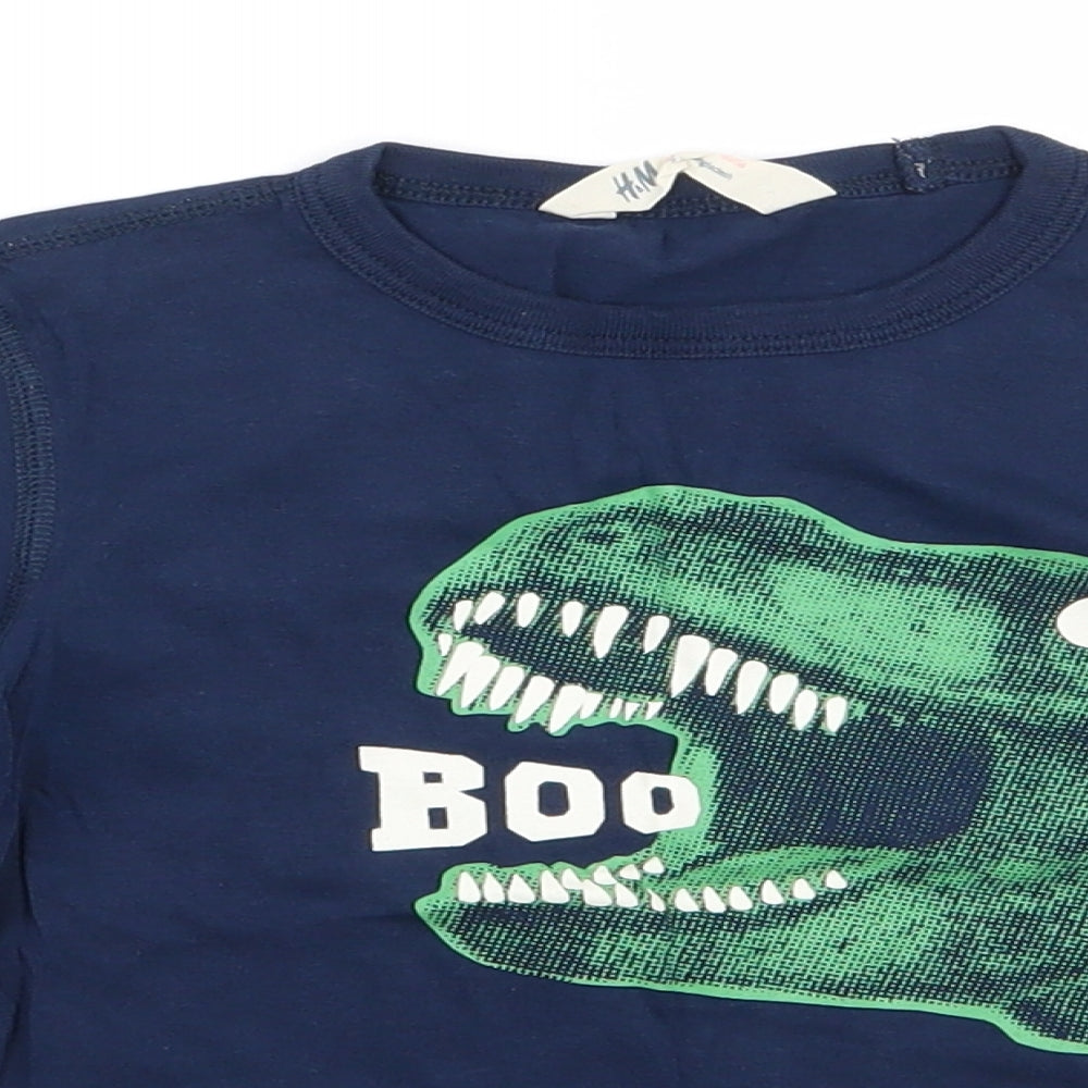 H&M Boys Blue  100% Cotton Pullover T-Shirt Size 3-4 Years Round Neck Pullover - Dinosaur print