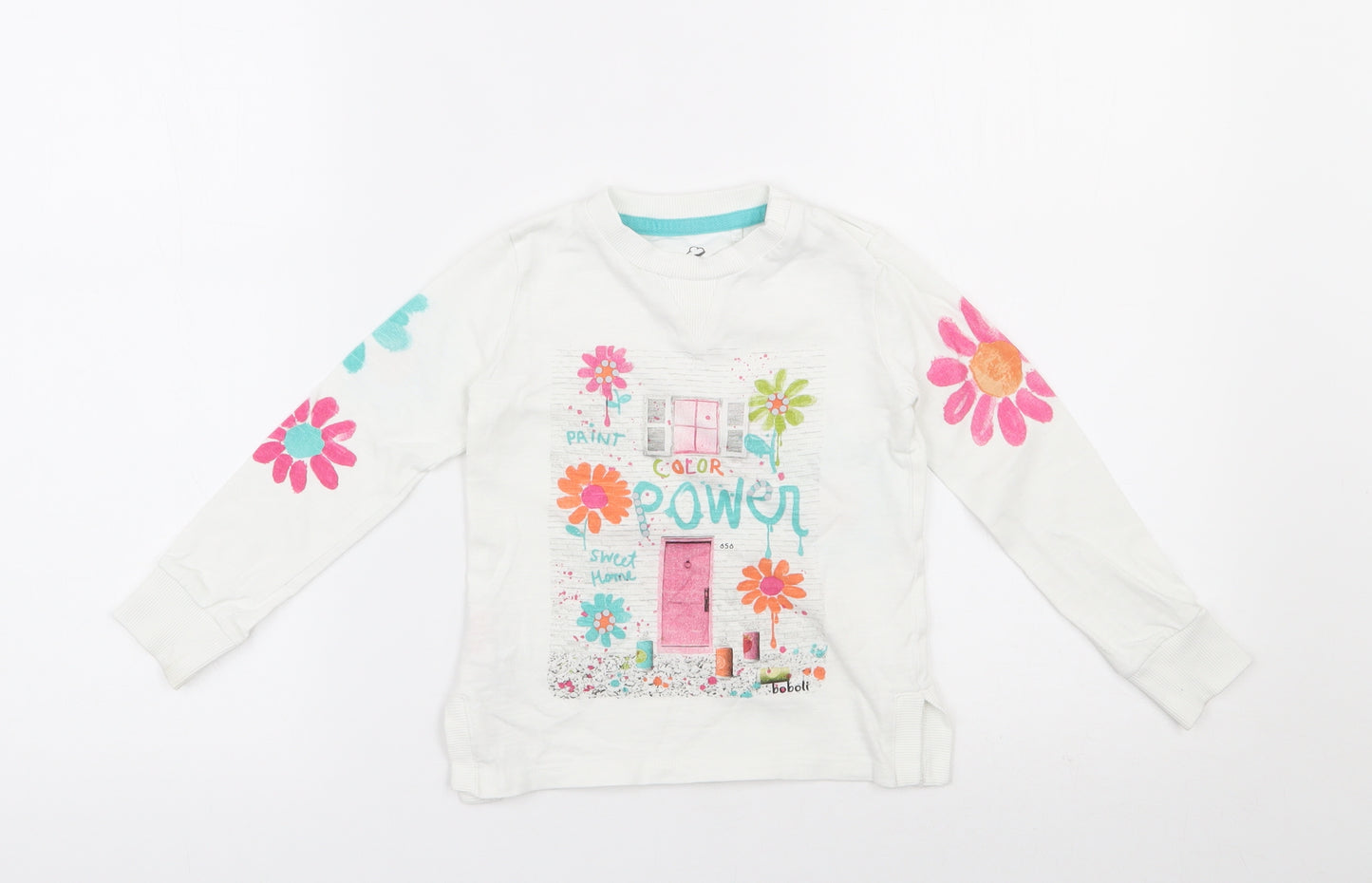 Boboli Girls White Floral 100% Cotton Basic Casual Size 3 Years Round Neck Pullover - Organic Cotton