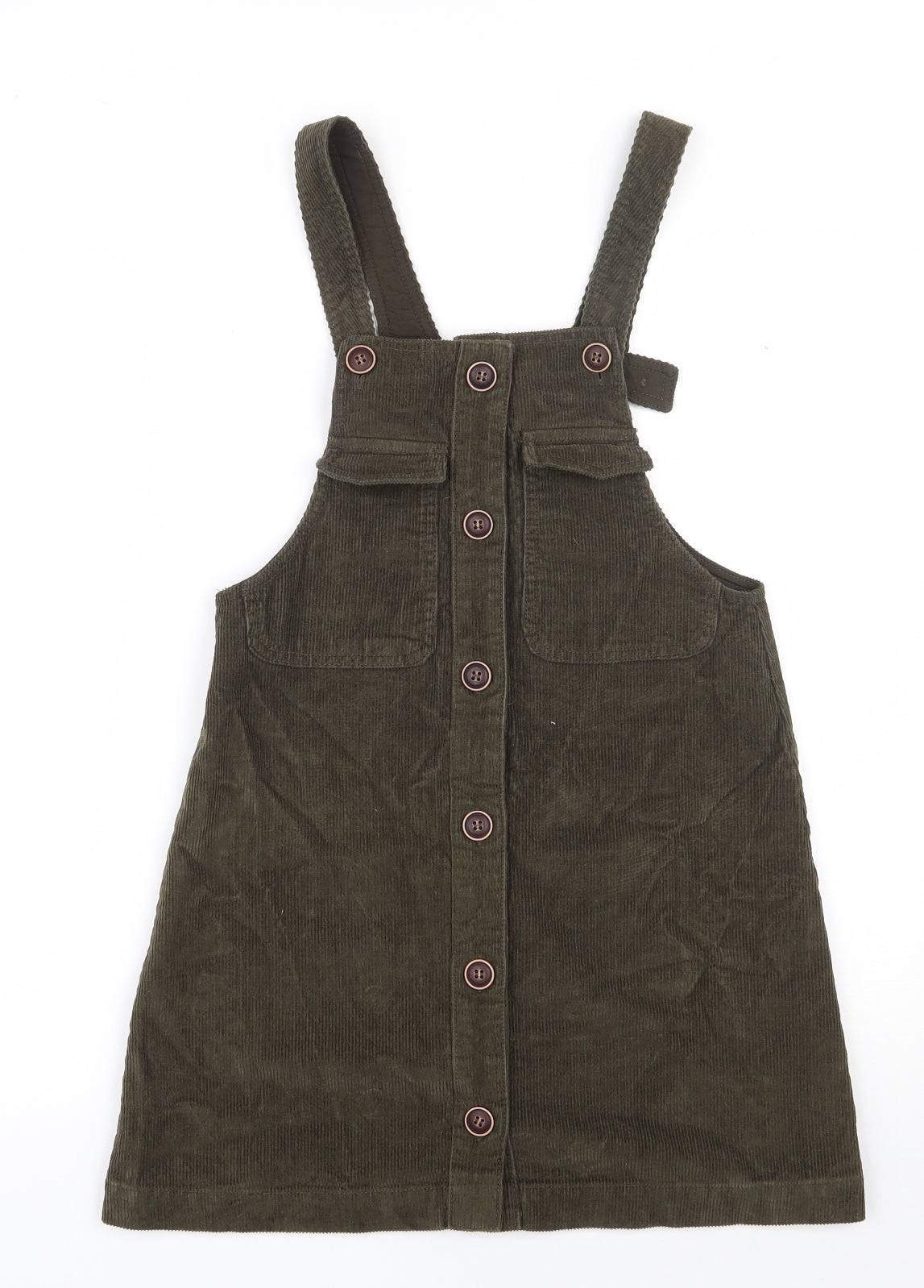 Zara  Girls Green  100% Cotton Pinafore/Dungaree Dress  Size 11-12 Years  Square Neck Button