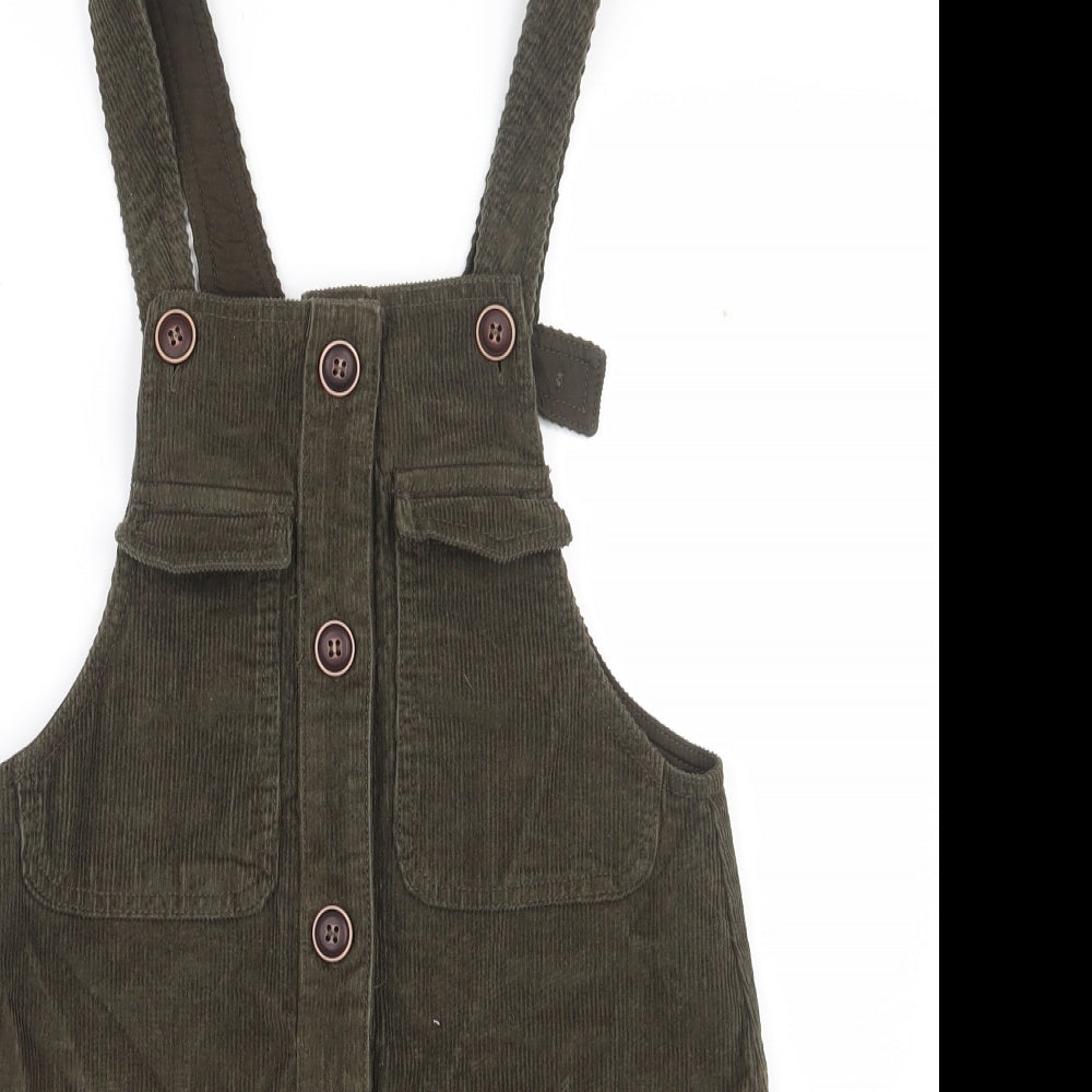 Zara  Girls Green  100% Cotton Pinafore/Dungaree Dress  Size 11-12 Years  Square Neck Button