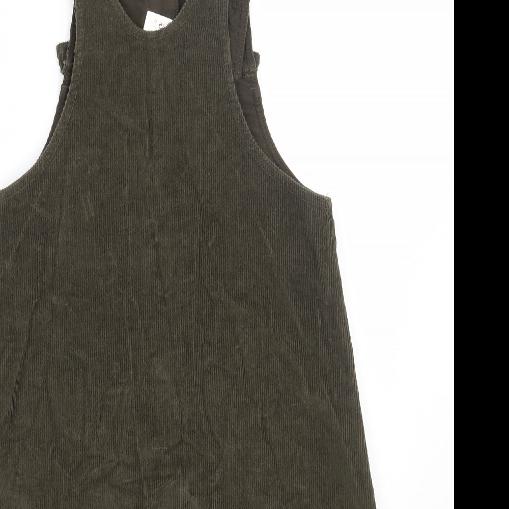 Zara  Girls Green  100% Cotton Pinafore/Dungaree Dress  Size 11-12 Years  Square Neck Button