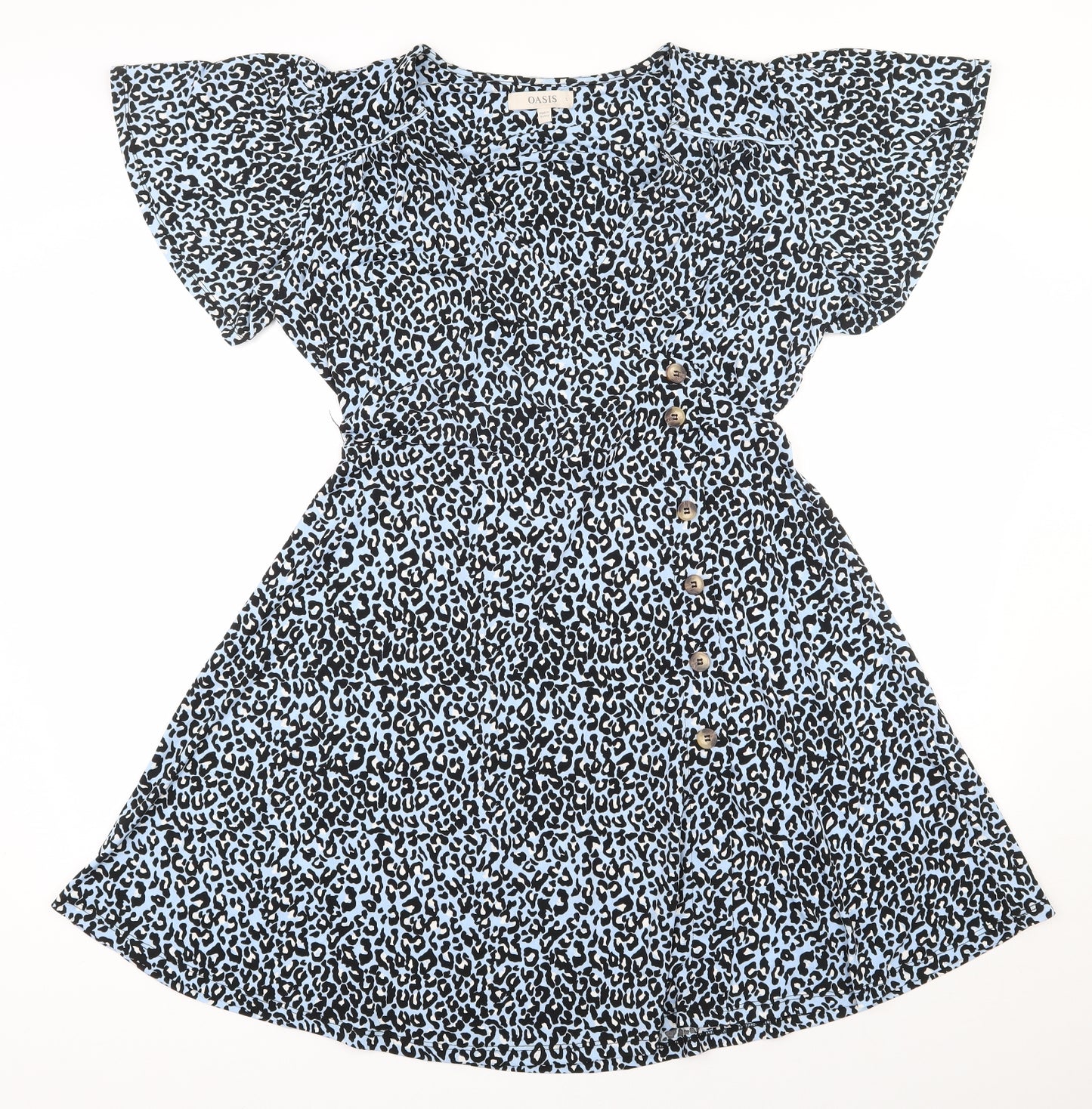 Oasis Womens Blue Animal Print Polyester Skater Dress  Size L  V-Neck Pullover