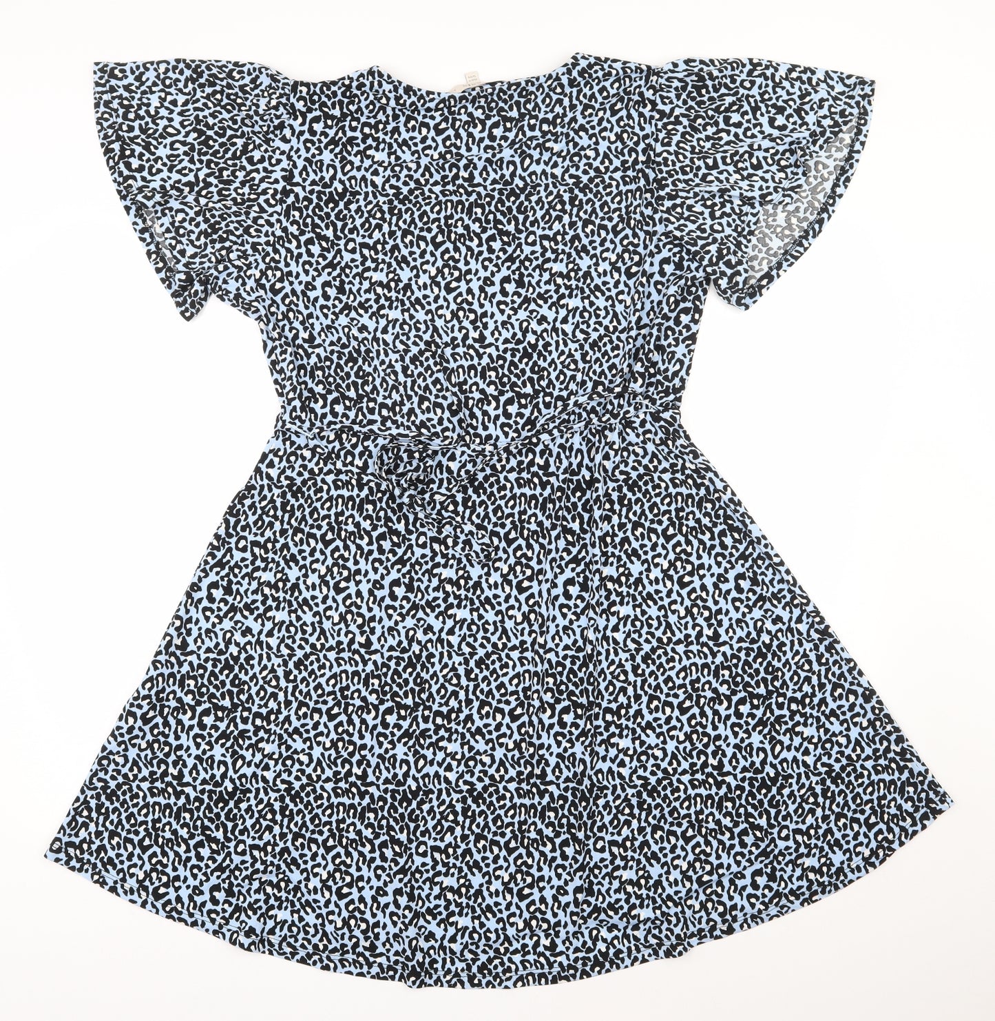 Oasis Womens Blue Animal Print Polyester Skater Dress  Size L  V-Neck Pullover