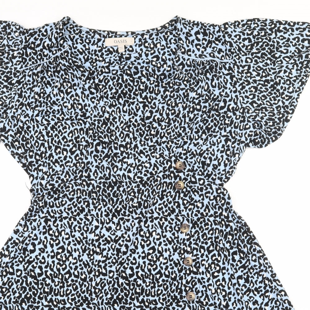 Oasis Womens Blue Animal Print Polyester Skater Dress  Size L  V-Neck Pullover