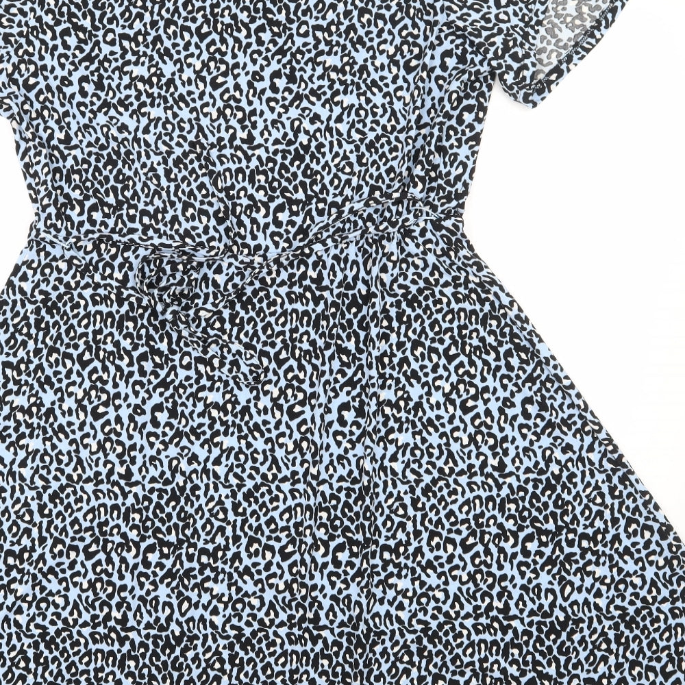Oasis Womens Blue Animal Print Polyester Skater Dress  Size L  V-Neck Pullover