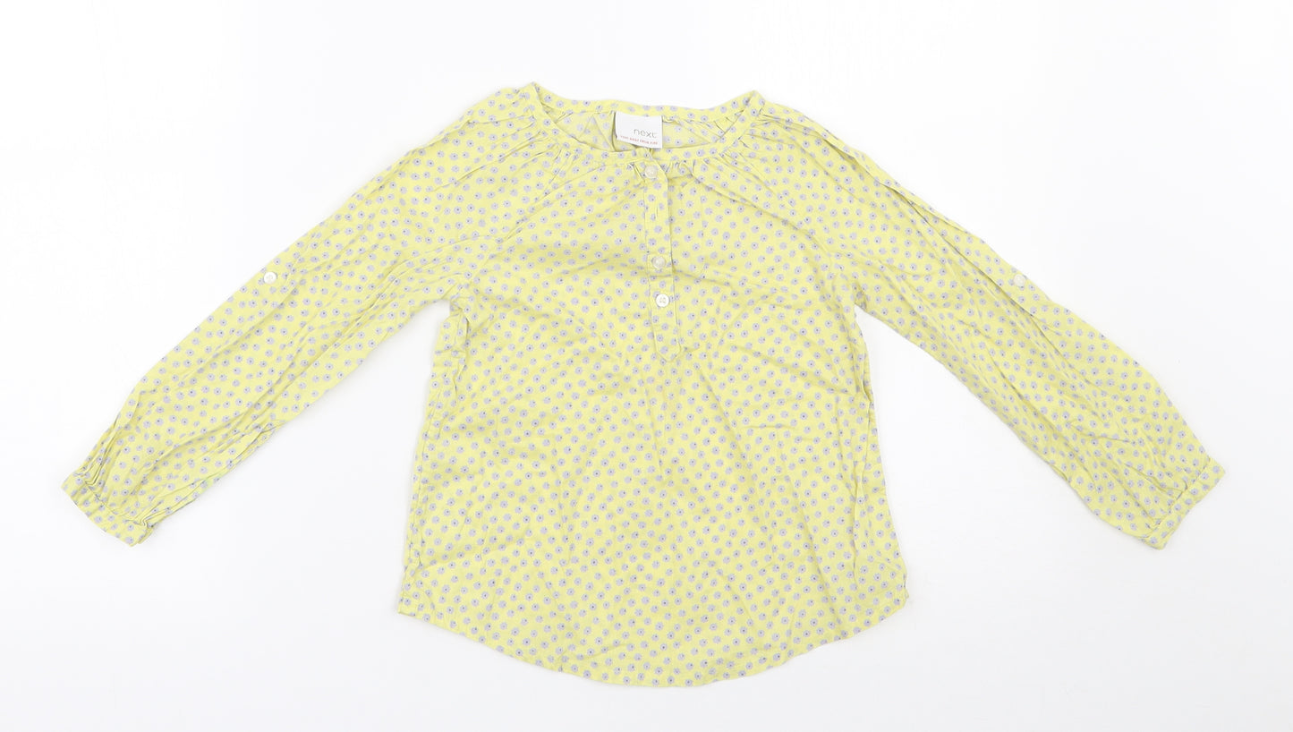 NEXT Girls Yellow Floral 100% Cotton Basic Blouse Size 3-4 Years Henley Button