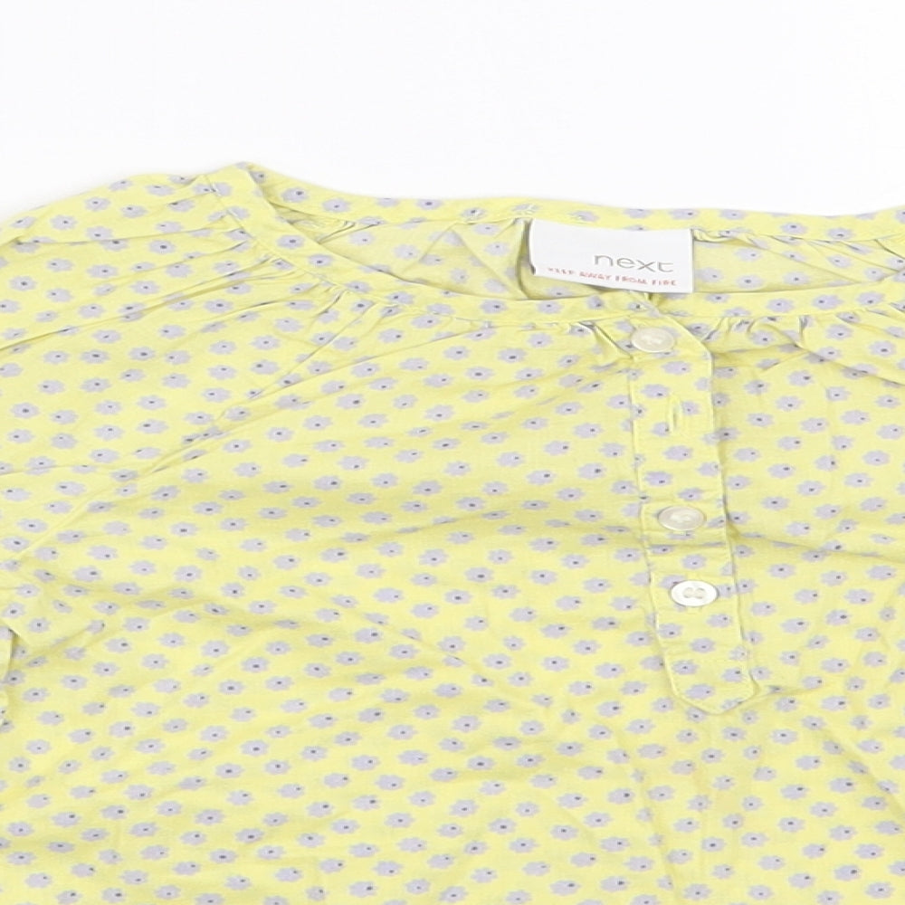 NEXT Girls Yellow Floral 100% Cotton Basic Blouse Size 3-4 Years Henley Button