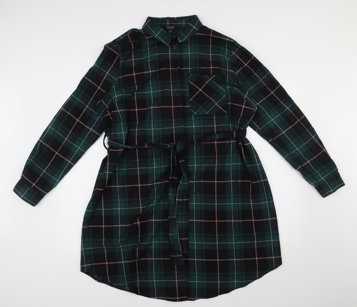 New Look Maternity Womens Green Plaid 100% Cotton Tunic Button-Up Size 16 Collared