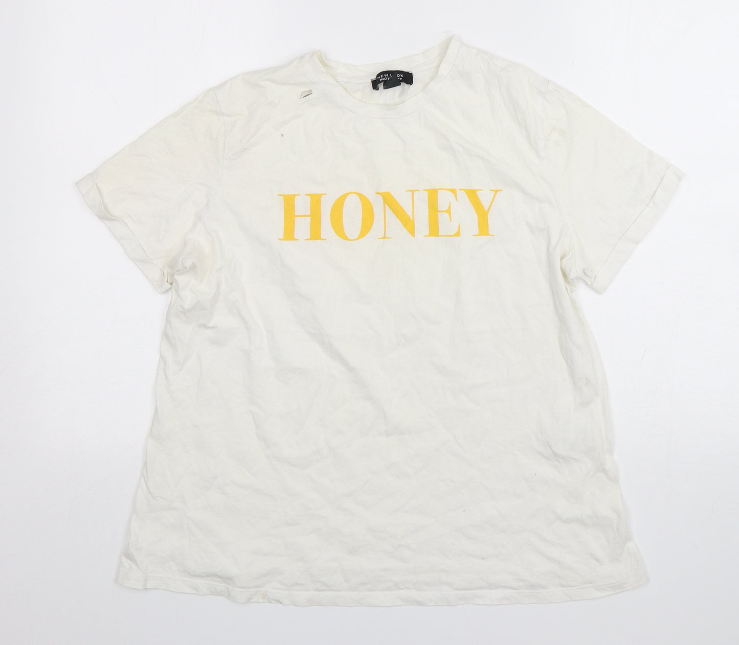 New Look Womens White  Cotton Basic T-Shirt Size 14 Round Neck