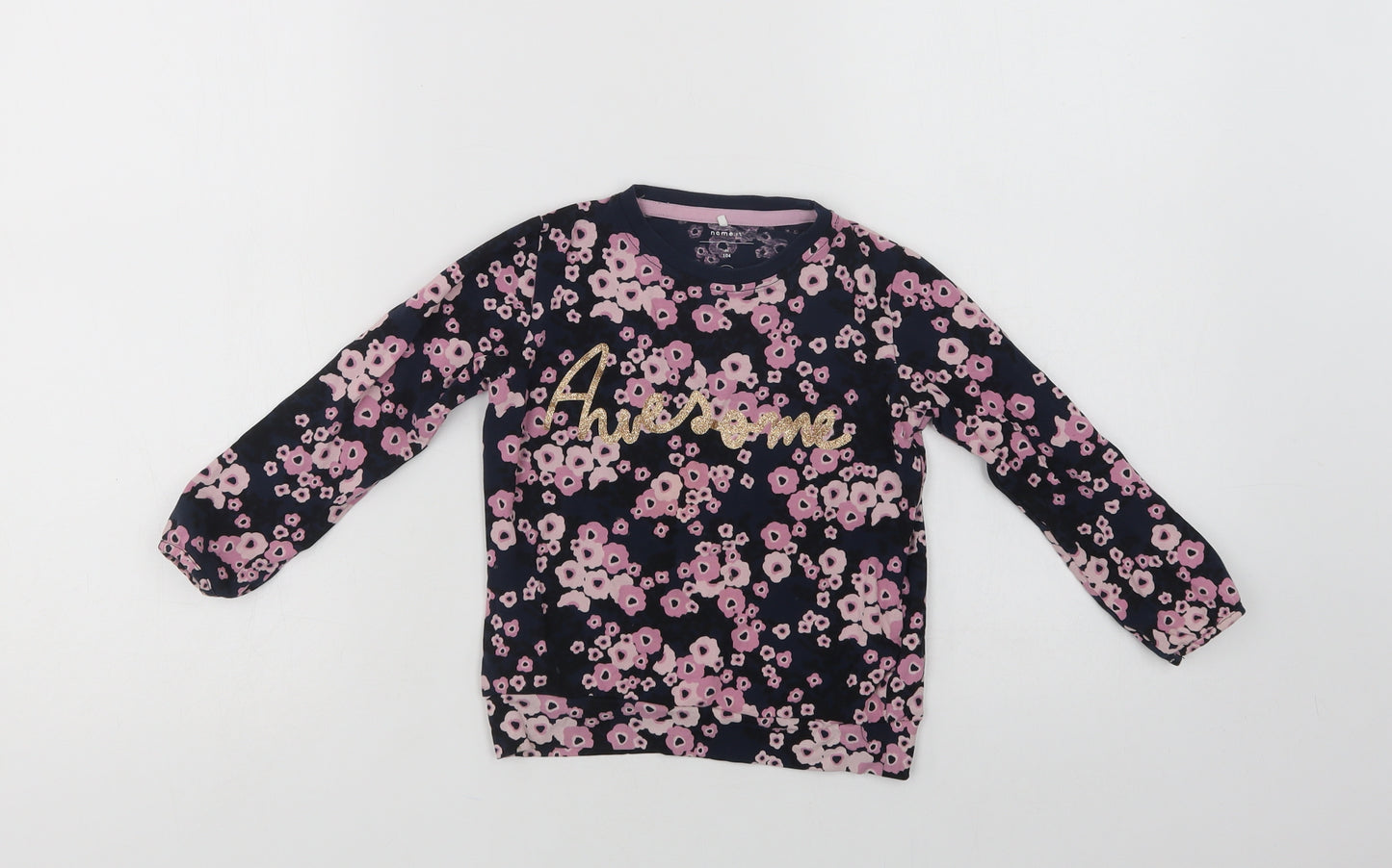 name it Girls Blue Floral Cotton Basic Blouse Size 4 Years Crew Neck  - Awesome