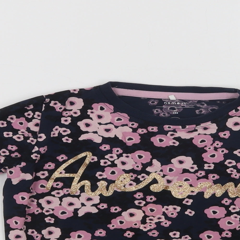 name it Girls Blue Floral Cotton Basic Blouse Size 4 Years Crew Neck  - Awesome