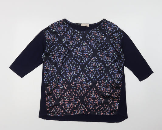 Front view of Per Una women’s blue floral viscose basic blouse, size UK 14, crew neck
