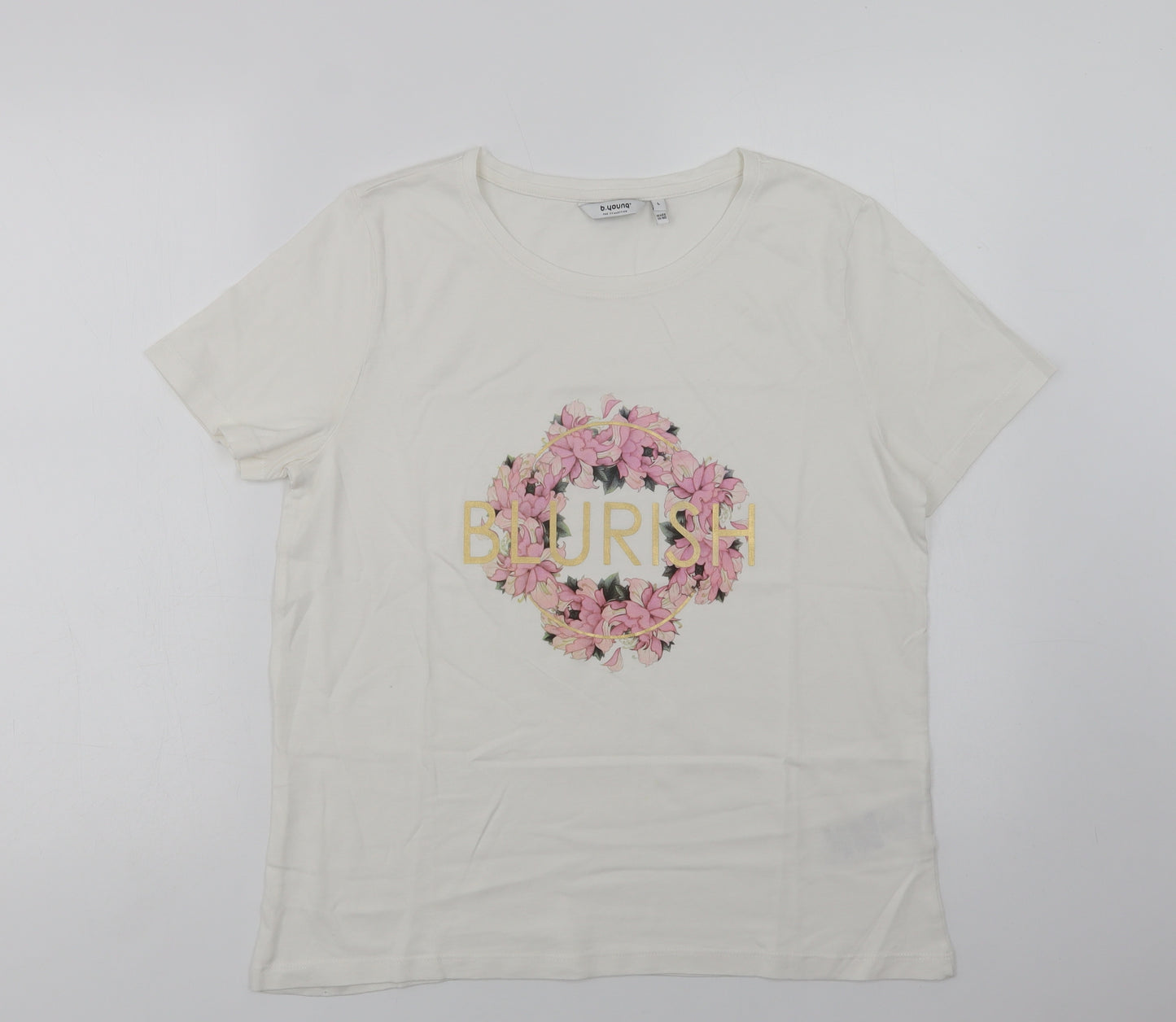 B. Young Womens White  Cotton Basic T-Shirt Size L Crew Neck - Blurish