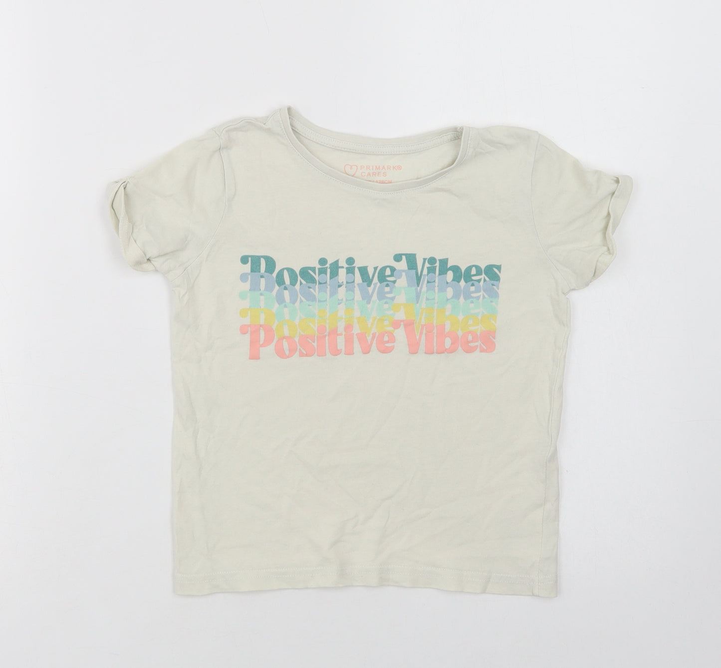 Primark Girls Ivory  Cotton Basic T-Shirt Size 7-8 Years Crew Neck  - Positive Vibes