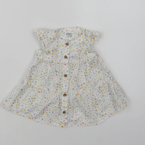 Marks and Spencer Baby White Floral Cotton A-Line  Size 3-6 Months  Crew Neck Button