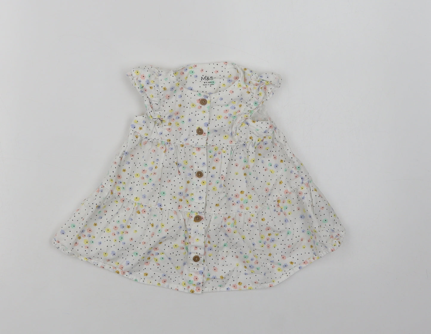 Marks and Spencer Baby White Floral Cotton A-Line  Size 3-6 Months  Crew Neck Button