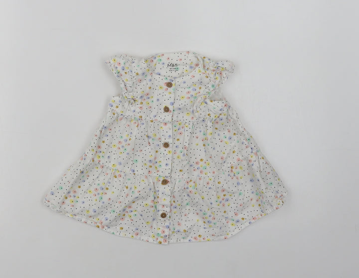 Marks and Spencer Baby White Floral Cotton A-Line  Size 3-6 Months  Crew Neck Button