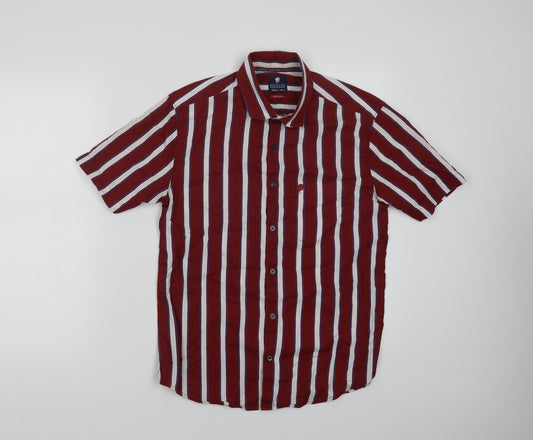 Front view of Netplay men’s red striped cotton button-up, size S, collared button