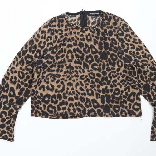PRETTYLITTLETHING Womens Brown Animal Print Polyester Basic Blouse Size 4 Round Neck