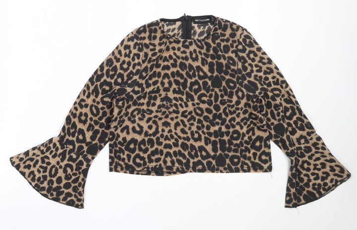 PRETTYLITTLETHING Womens Brown Animal Print Polyester Basic Blouse Size 4 Round Neck