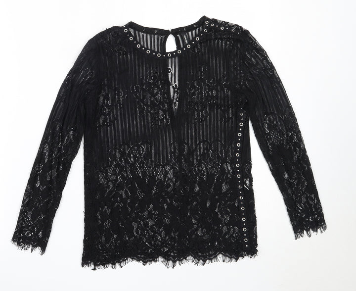 Stradivarius Womens Black Polyester Basic Blouse Size S Round Neck