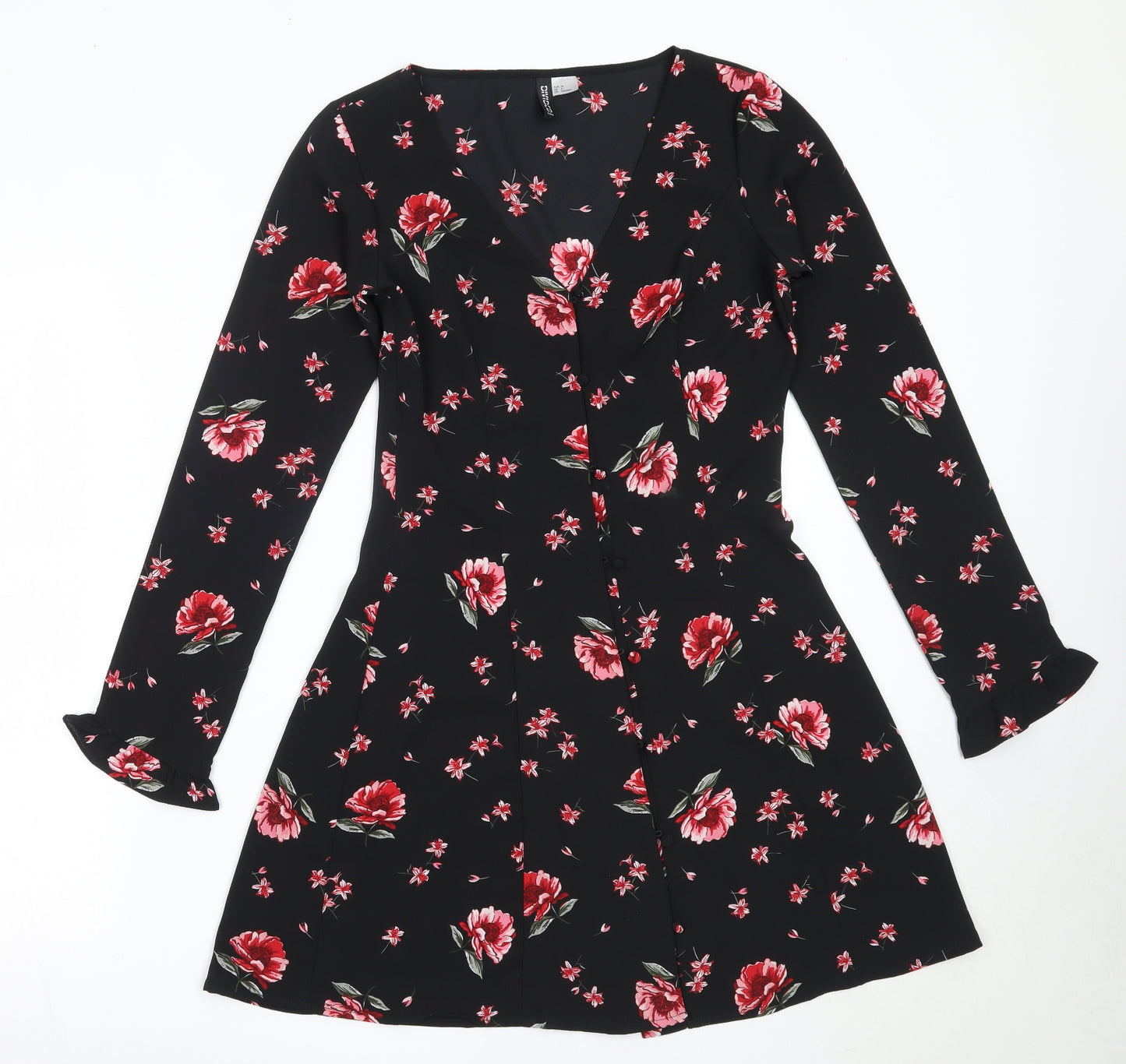 H&M Womens Black Floral Polyester Fit & Flare  Size 36  V-Neck