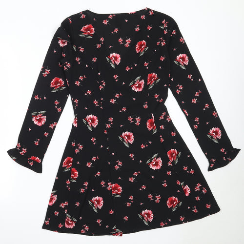 H&M Womens Black Floral Polyester Fit & Flare  Size 36  V-Neck