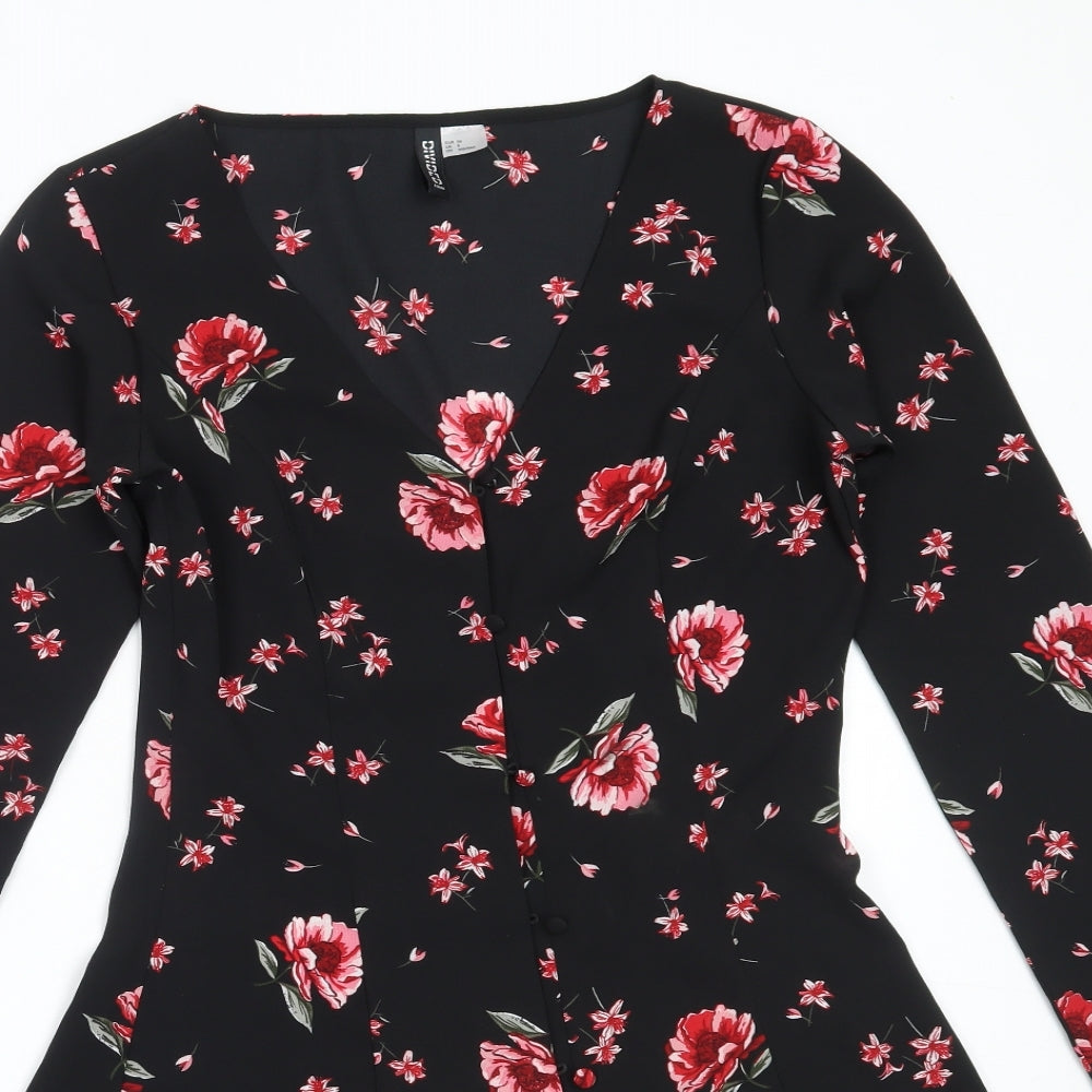 H&M Womens Black Floral Polyester Fit & Flare  Size 36  V-Neck