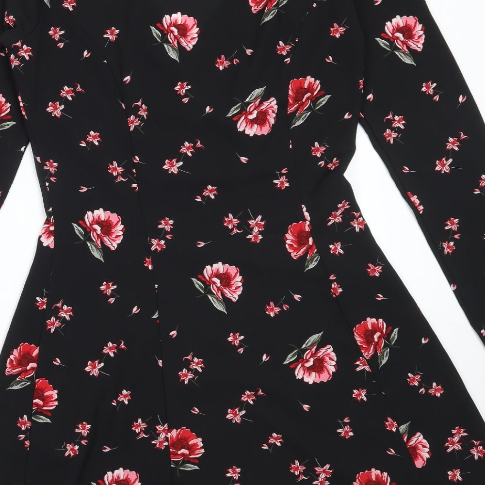 H&M Womens Black Floral Polyester Fit & Flare  Size 36  V-Neck