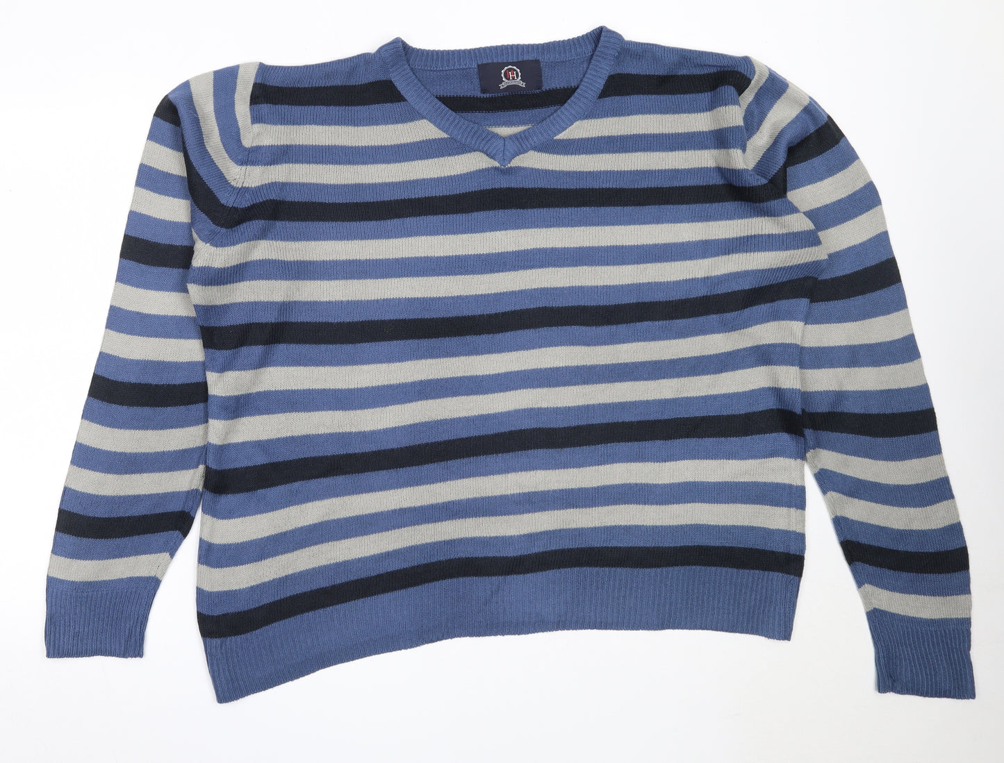 Hutson Harbour Mens Blue V-Neck Striped Acrylic Pullover Jumper Size XL