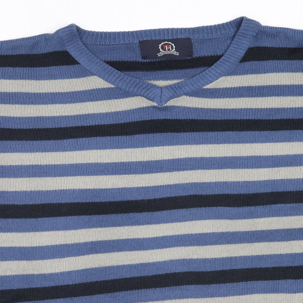 Hutson Harbour Mens Blue V-Neck Striped Acrylic Pullover Jumper Size XL