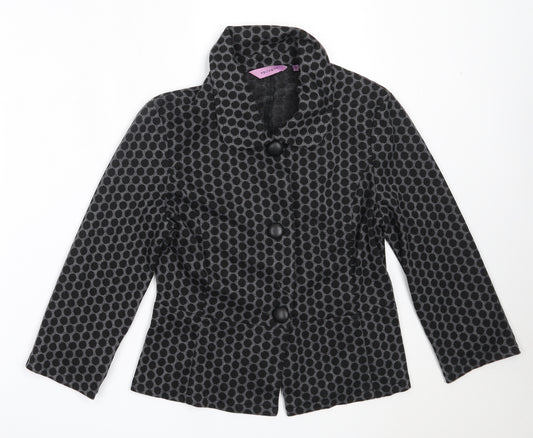 Front view of Epilogue women’s black jacket, size UK 10, button