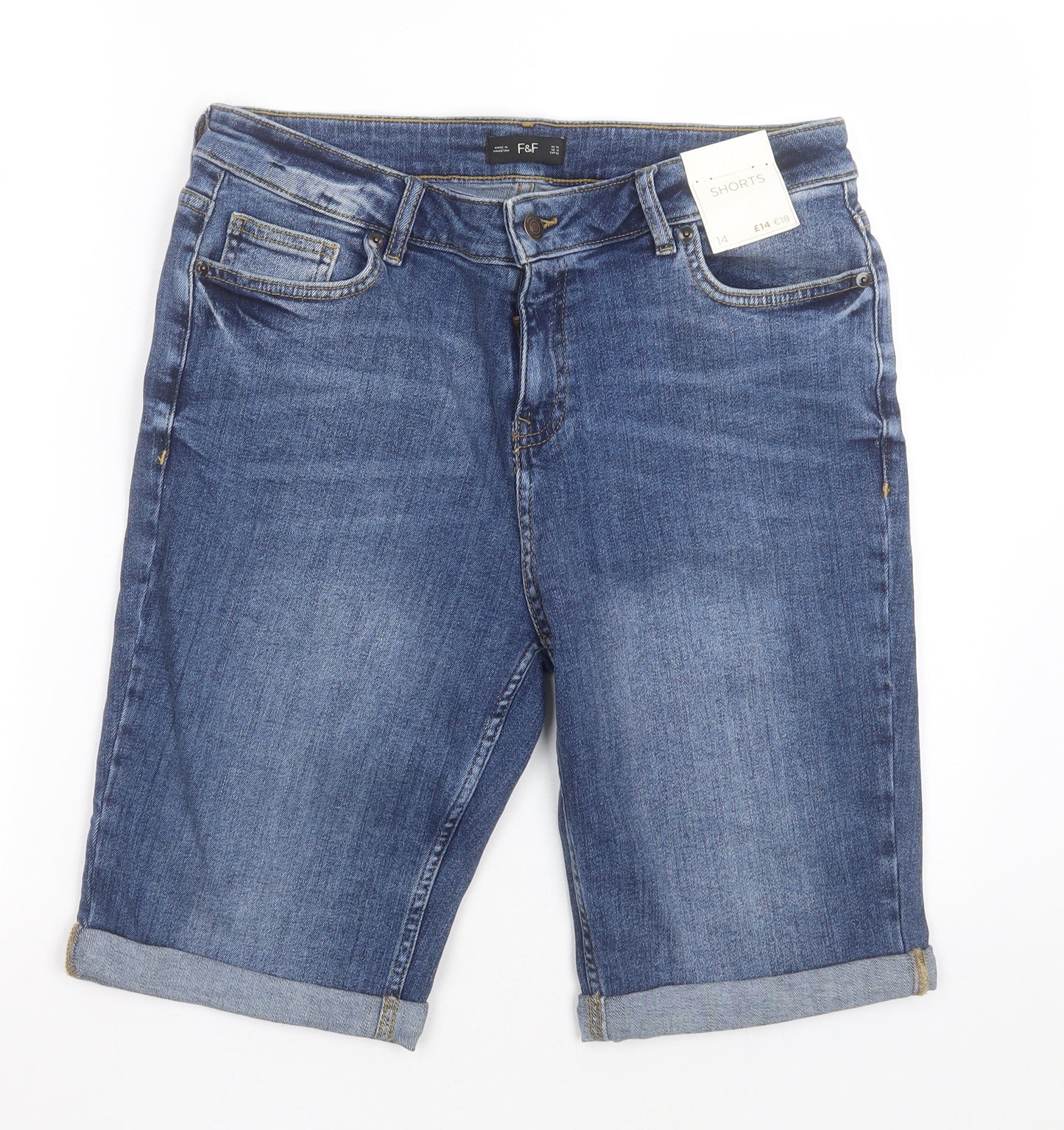 F&F Womens Blue  Cotton Bermuda Shorts Size 14 L10 in Regular Button