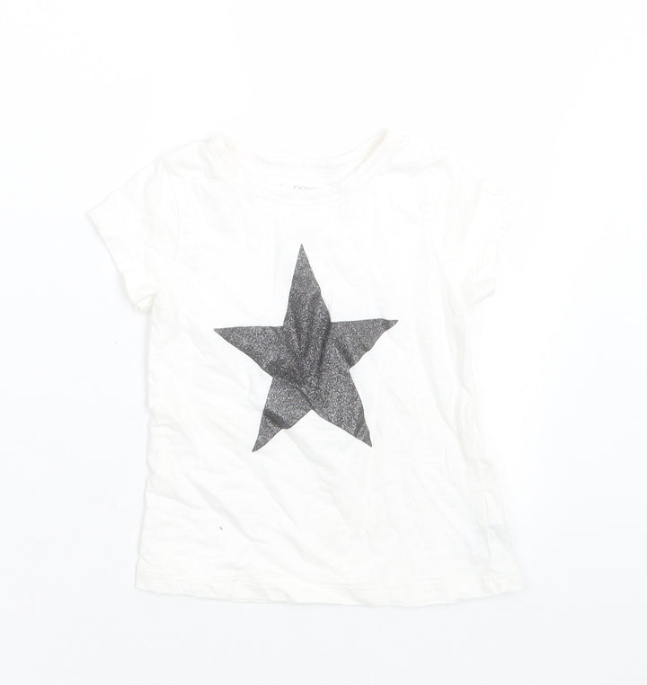 NEXT Girls White  Cotton Basic T-Shirt Size 12-18 Months Crew Neck Pullover - Star Print