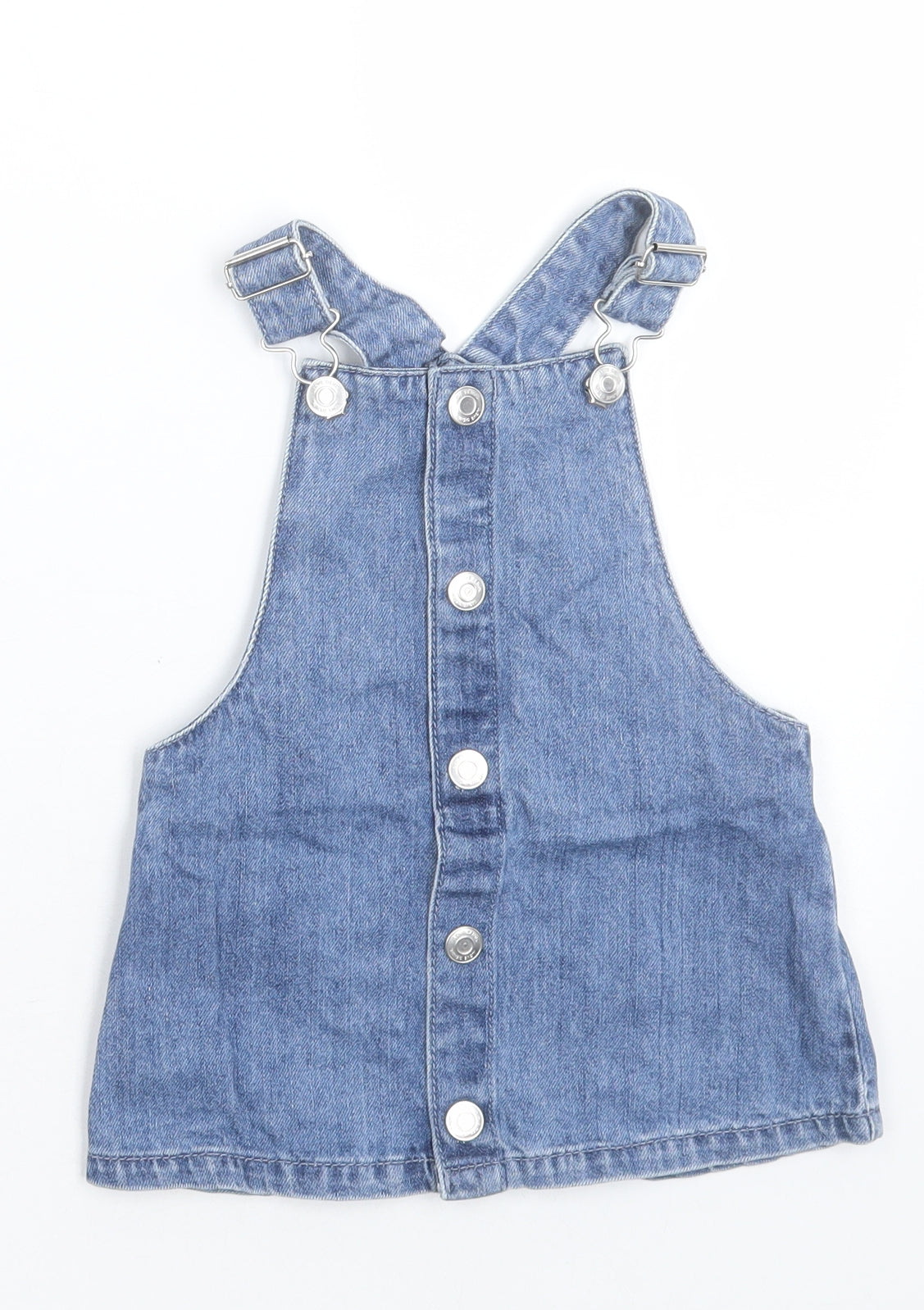 F&F Girls Blue  Cotton Pinafore/Dungaree Dress  Size 12-18 Months  Square Neck Button