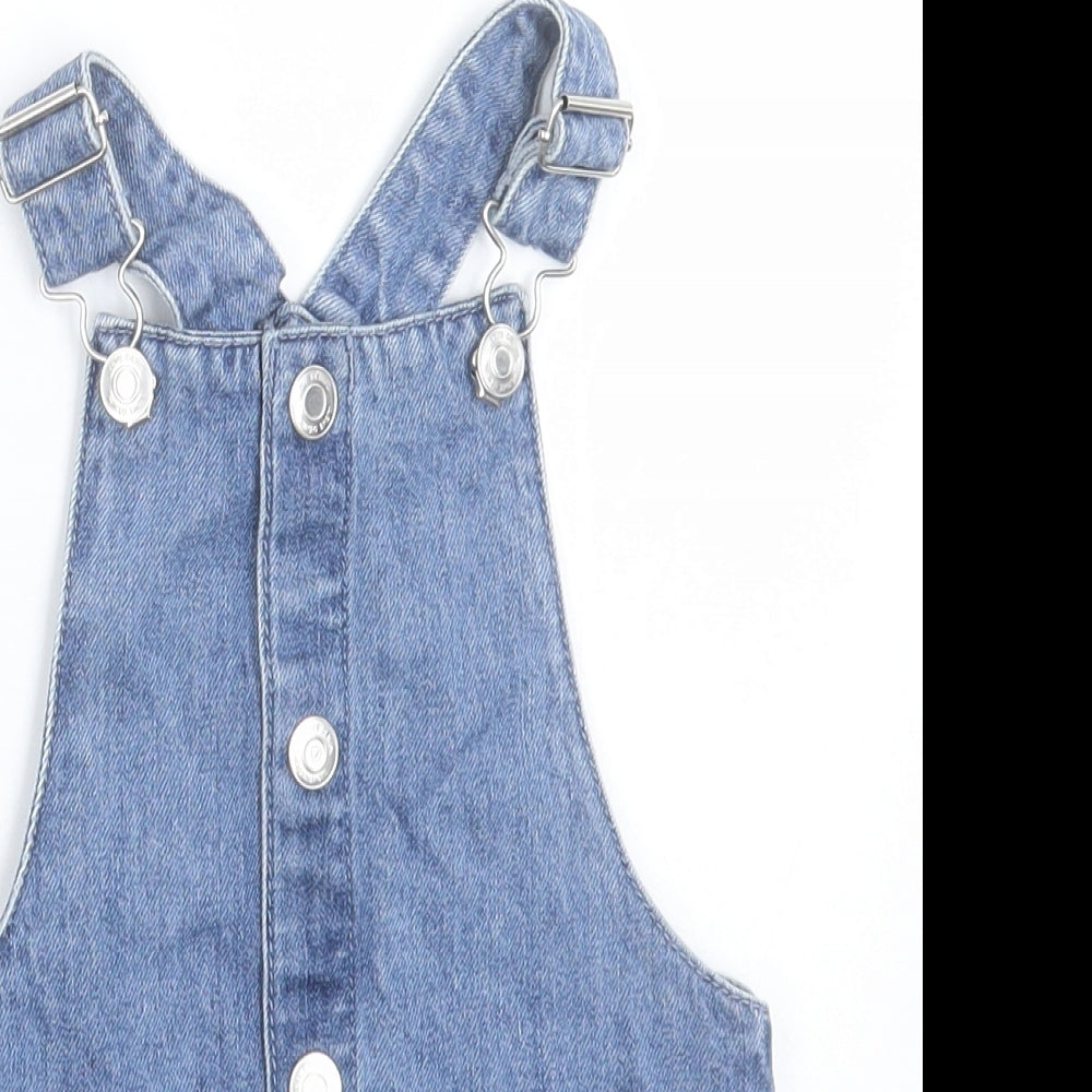 F&F Girls Blue  Cotton Pinafore/Dungaree Dress  Size 12-18 Months  Square Neck Button