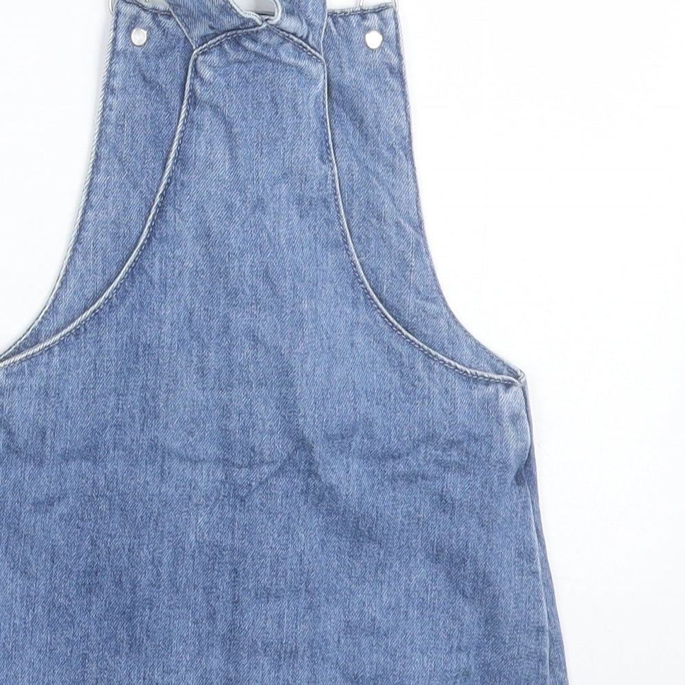 F&F Girls Blue  Cotton Pinafore/Dungaree Dress  Size 12-18 Months  Square Neck Button