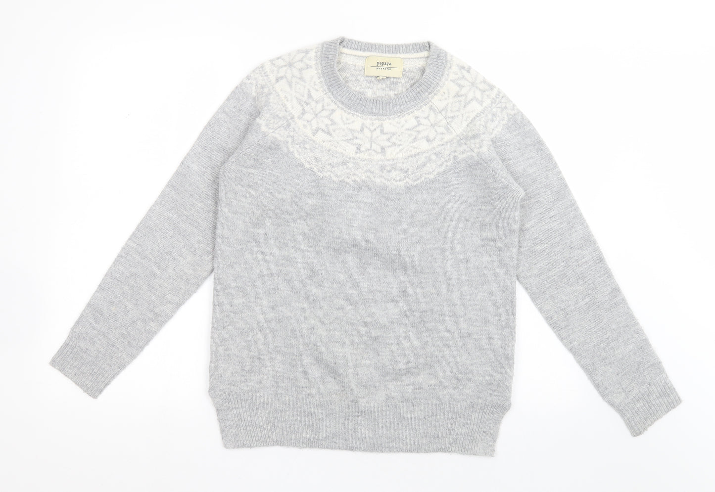 Papaya Womens Grey Crew Neck Fair Isle Acrylic Pullover Jumper Size S