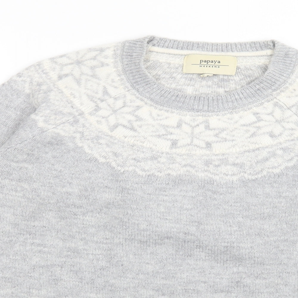 Papaya Womens Grey Crew Neck Fair Isle Acrylic Pullover Jumper Size S