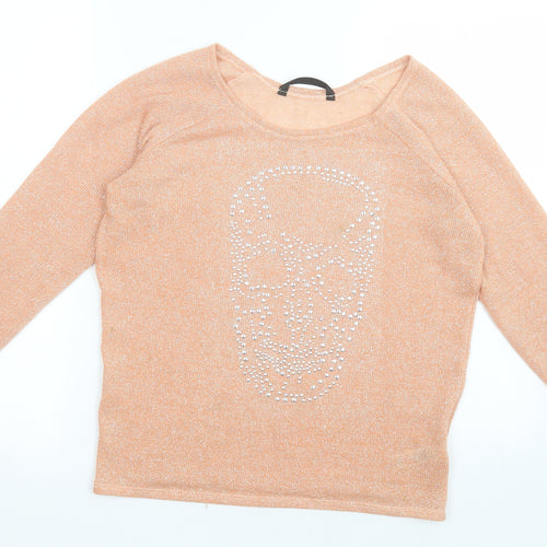 Dunnes Stores Womens Orange Scoop Neck  Polyester Pullover Jumper Size M   - Skull