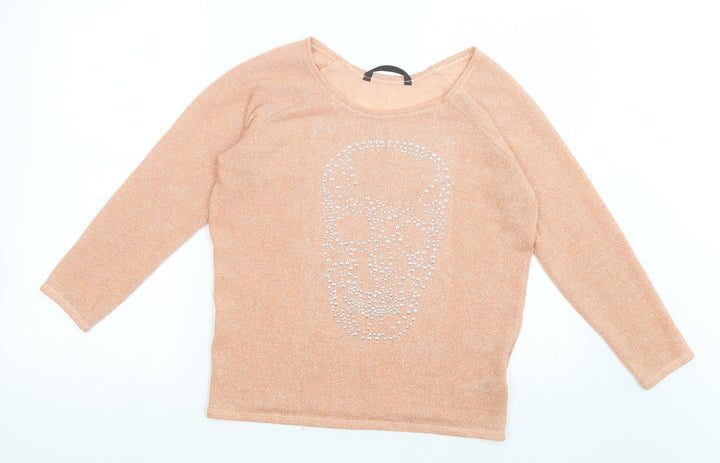 Dunnes Stores Womens Orange Scoop Neck  Polyester Pullover Jumper Size M   - Skull