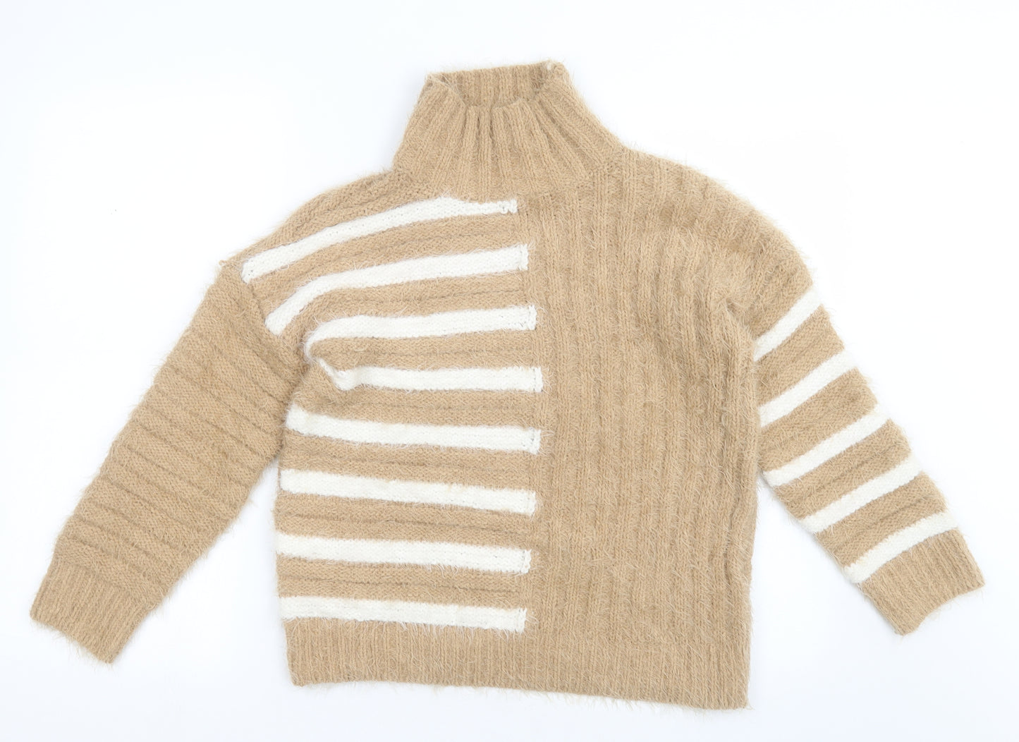 Marks and Spencer Womens Brown High Neck Striped Polyester Pullover Jumper Size S
