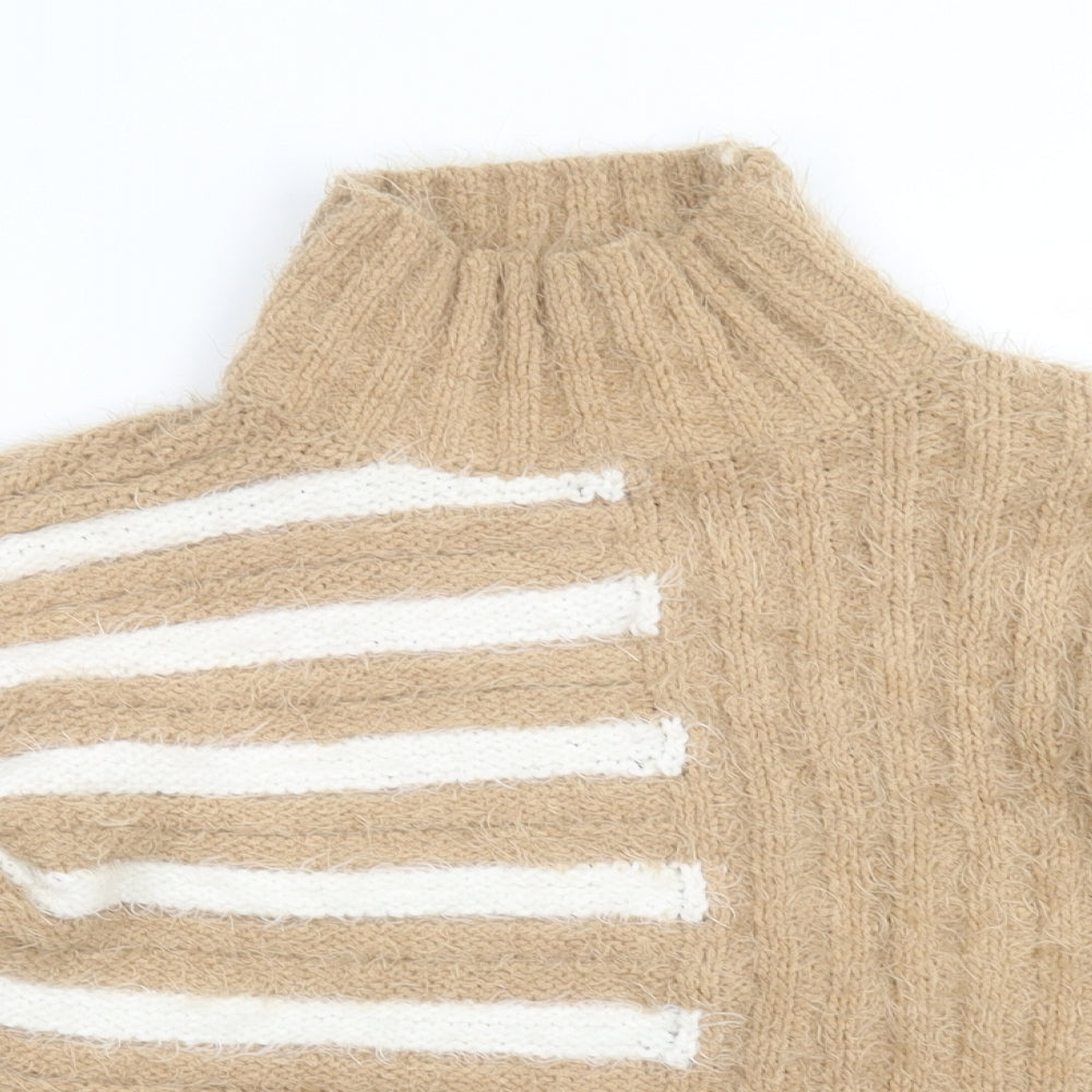 Marks and Spencer Womens Brown High Neck Striped Polyester Pullover Jumper Size S
