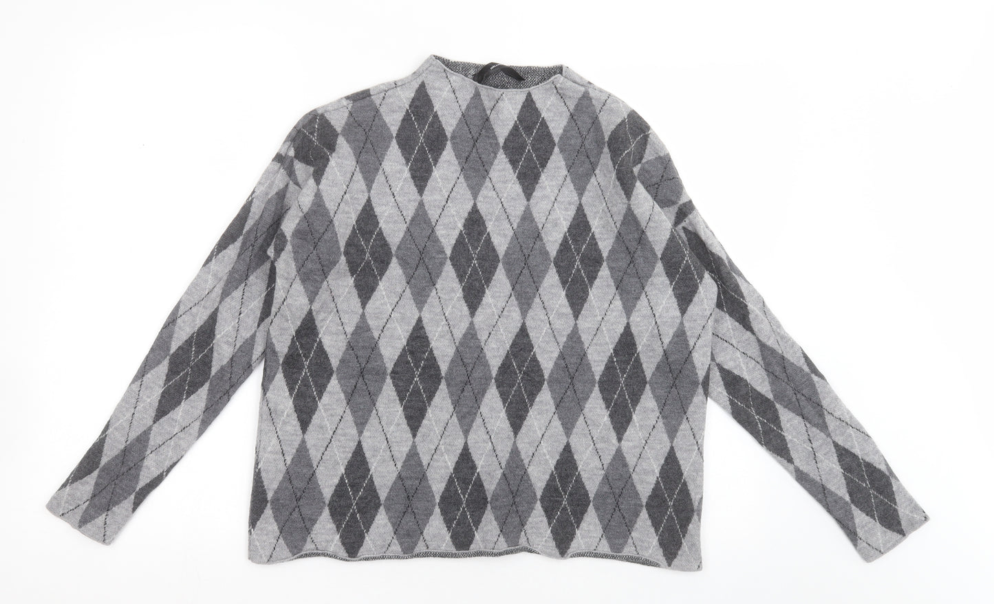 Hallhuber Womens Grey High Neck Argyle/Diamond Wool Pullover Jumper Size XL
